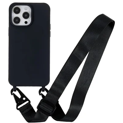 For iPhone 15 Pro Matte TPU Cover Shockproof Phone Case with Wide Lanyard - Black