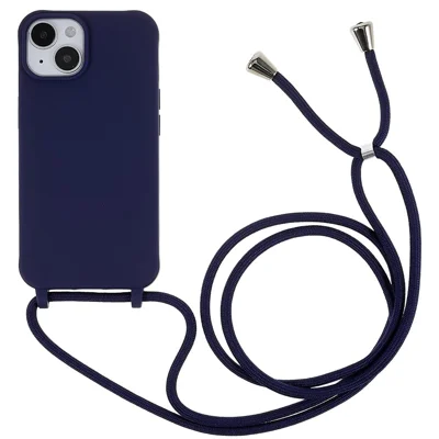 For iPhone 15 Plus Slim Case Protective TPU Phone Cover with Long Strap - Dark Blue