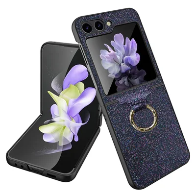 For Samsung Galaxy Z Flip5 5G Case Glitter Finger Ring Phone Cover with Tempered Glass Rear Screen Film - Black
