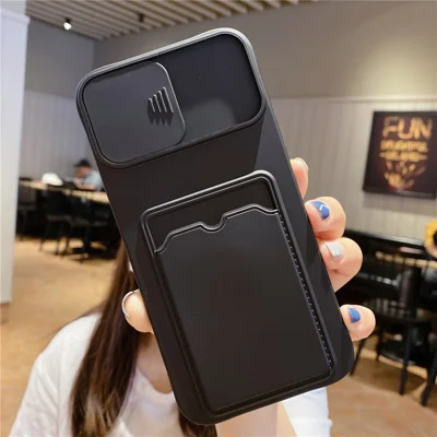 For iPhone 15 Pro Max TPU Case Card Holder Sliding Lens Protection Phone Cover - Black
