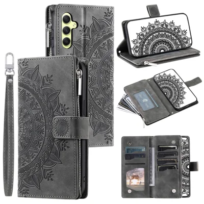 For Samsung Galaxy A15 4G Case Imprinted Flower Wallet PU Leather Stand Shell Phone Cover with Strap - Grey