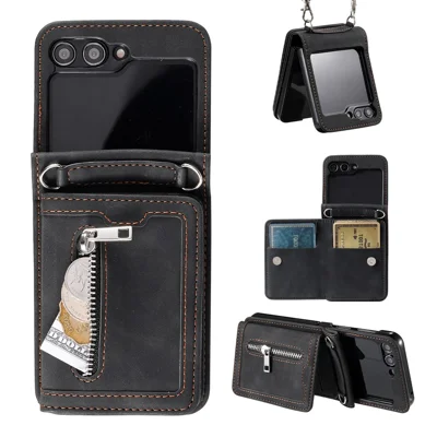 For Samsung Galaxy Z Flip5 5G Case Zipper Pocket Leather Cover with Hand Strap and Shoulder Strap - Black