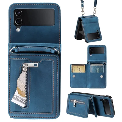 For Samsung Galaxy Z Flip4 5G Kickstand Case Zipper Pocket Leather Cover with Hand Strap and Shoulder Strap - Blue