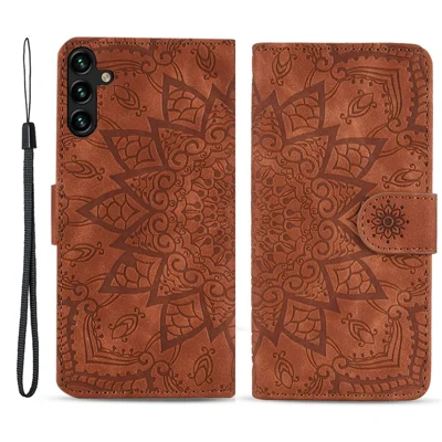 Per Samsung Galaxy A15 4G Case Imprinted Flower Leather Phone Cover con Wallet - Marrone
