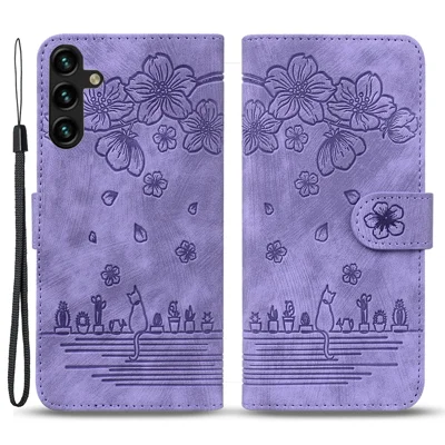 Leather Phone Cover for Samsung Galaxy A15 4G Case Imprinted Flower Cat Wallet Stand Shell with Strap - Purple
