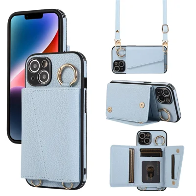 Card Holder Cell Phone Cover For iPhone 14 Case Genuine Leather Phone Case with Shoulder Strap - Blue