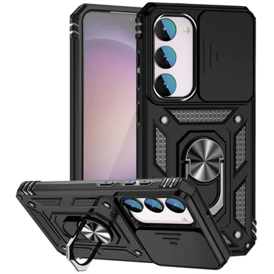 For Samsung Galaxy S23 FE Case Slide Camera Lid PC+TPU Cellphone Cover with Ring Kickstand - Black