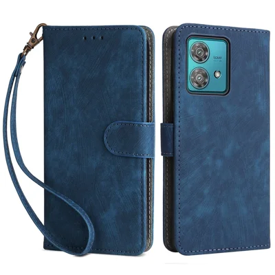 For Motorola Edge 40 Neo 5G Case PU Leather RFID Blocking Phone Cover with Strap - Blue