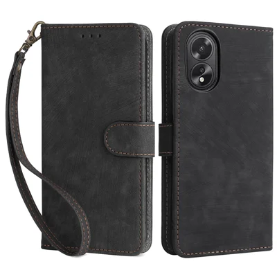 For Oppo A18 4G / A38 4G Leather Case RFID Blocking Wallet Phone Cover with Strap - Black