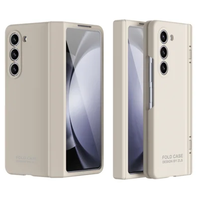 For Samsung Galaxy Z Fold5 5G Case Anti-Drop Hard PC Phone Cover with Tempered Glass Film - Beige