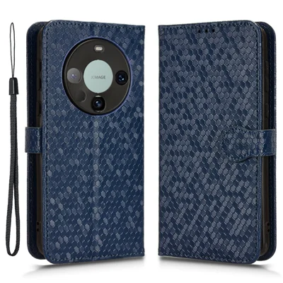 Per Huawei Mate 60 Case PU Leather Stand Shell Imprinted Wallet Cell Phone Cover - Dark Blue