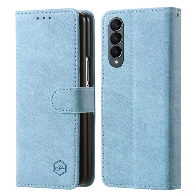 For Samsung Galaxy Z Fold4 5G Case PU Leather Shockproof Case Solid Color Wallet Phone Cover - Baby Blue