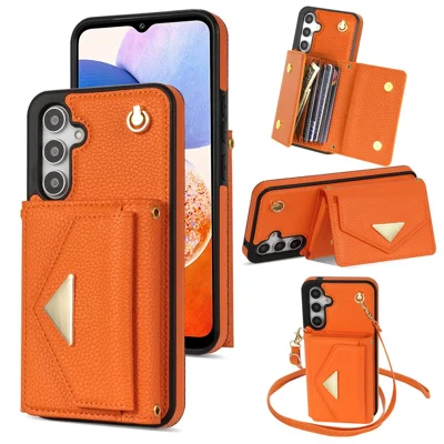 For Samsung Galaxy A14 5G / A14 4G Case Card Holder Kickstand PU Leather+TPU Cover with Shoulder Strap - Orange