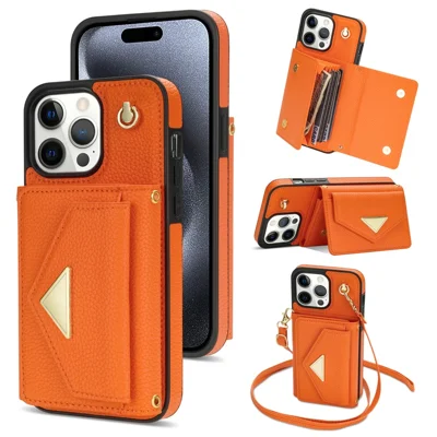 For iPhone 15 Pro Max Case Shockproof PU Leather+TPU Shell with Card Bag + Shoulder Strap - Orange