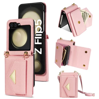 For Samsung Galaxy Z Flip5 5G Case Card Bag Design Leather+PC Cover with Shoulder Strap - Pink
