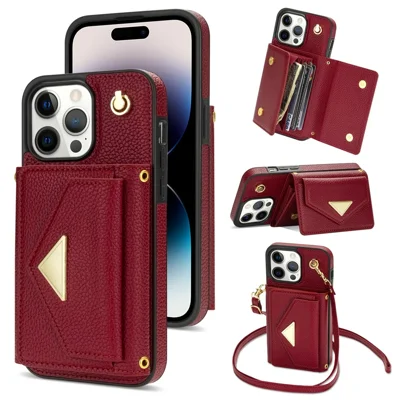For iPhone 14 Pro Max Case Drop Proof PU Leather+TPU Shell with Card Bag + Shoulder Strap - Wine Red