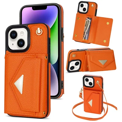 For iPhone 14 Case Card Bag Scratch Resistant Leather+TPU Cover with Shoulder Strap - Orange
