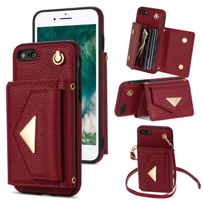 For iPhone 7 / 8 / SE (2020) / SE (2022) Case Leather+TPU Card Holder Shell with Shoulder Strap - Wine Red