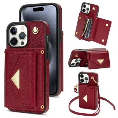 For iPhone 15 Pro Case Organ Card Bag Leather+TPU Back Protector Cover with Shoulder Strap - Wine Red