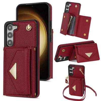 For Samsung Galaxy S23+ Case Organ Card Bag PU Leather+TPU Shell with Shoulder Strap - Wine Red