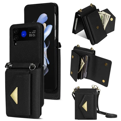 For Samsung Galaxy Z Flip4 5G Case Card Bag Leather+PC Drop-proof Cover with Shoulder Strap - Black