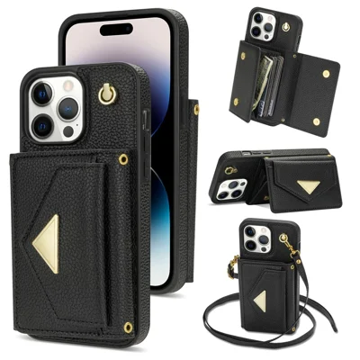 TPU Case voor iPhone 14 Pro met PU-leer en standaard, inclusief schouderband - Zwart