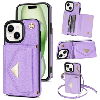 For iPhone 15 Case Bump Proof PU Leather+TPU Card Holder Cover with Shoulder Strap - Purple