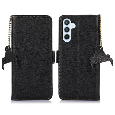Per Samsung Galaxy A15 4G Case Genuine Cow Leather RFID Blocking Wallet Phone Cover - Nero