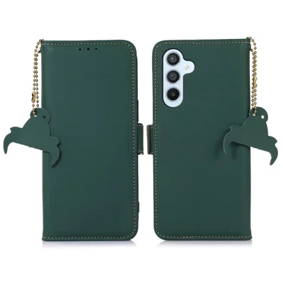For Samsung Galaxy A15 4G Case RFID Blocking Genuine Cow Leather Wallet Cellphone Cover - Green