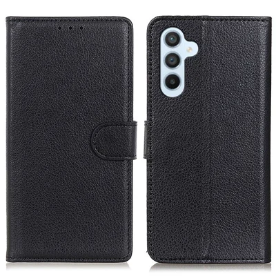 For Samsung Galaxy A15 4G Case Litchi Texture Leather Phone Cover with Wallet Stand - Black