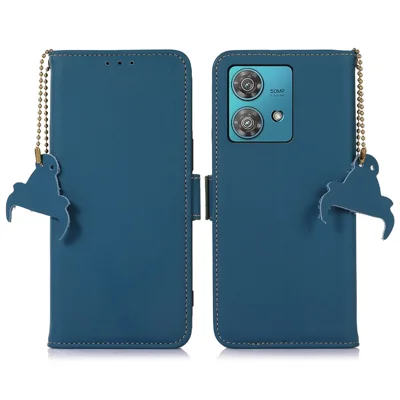 For Motorola Edge 40 Neo 5G Case Wallet Genuine Cow Leather RFID Blocking Phone Cover - Blue