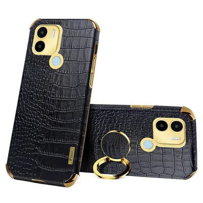 Per Xiaomi Redmi A1+ 4G / A2+ 4G / Poco C50 4G Custodia Texture in Pelle di Coccodrillo in Pelle+TPU Custodia Telefonica con Anello Supporto - Nero