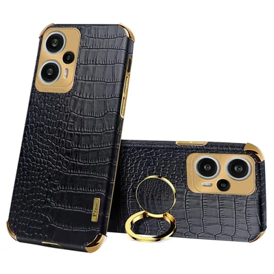Para Xiaomi Redmi Note 12 Turbo / Poco F5 5G Funda Textura Cocodrilo Cuero+TPU Carcasa Trasera con Anillo Soporte - Negro