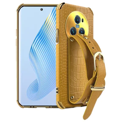 For Honor Magic5 Pro Case Anti-drop 6D Electroplating Wristband PU Leather+TPU Phone Cover - Yellow
