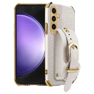For Samsung Galaxy S23 FE Case Wristband PU Leather+TPU 6D Electroplating Phone Cover - White