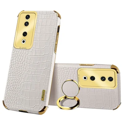For Honor 90 Case Crocodile Texture Leather+TPU Fall-proof Shell with Ring Kickstand - White