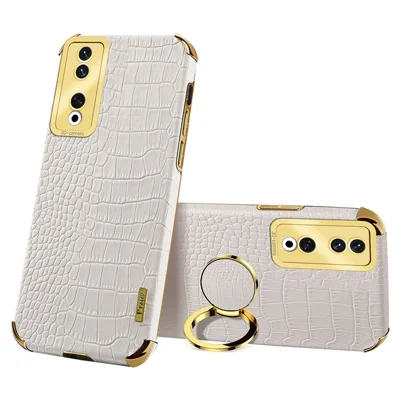 For Honor 90 Pro Case Crocodile Texture Leather+TPU Bump Proof Shell with Ring Kickstand - White