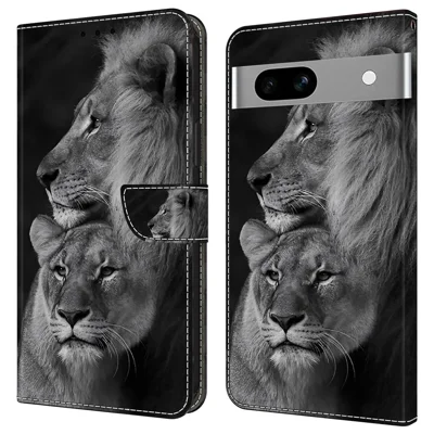 Anti-Drop Leather Flip Cover for Google Pixel 7a Case Shockproof Wallet Phone Case - Couple Lions