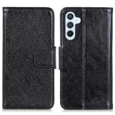 For Samsung Galaxy A15 4G Case Nappa Texture Split Leather Phone Stand Cover with Wallet - Black