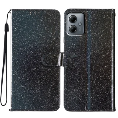 For Motorola Moto G54 5G Leather Case Stand Wallet Glittery Phone Cover - Black