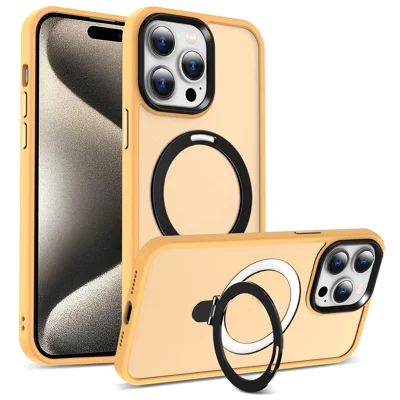 Para iPhone 15 Pro Case Compatível com Anel MagSafe Suporte para Kickstand TPU+PC Capa de Telefone - Laranja