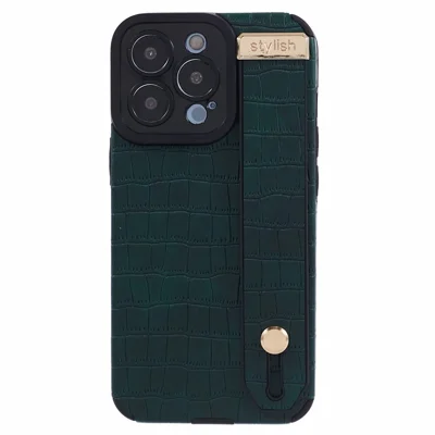 For iPhone 13 Pro Max Case Crocodile Texture Wristband Shell PU Leather+TPU Phone Cover - Green