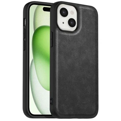 For iPhone 15 Plus Shockproof Case PU Leather+TPU+PC Phone Cover Retro Phone Shell - Black