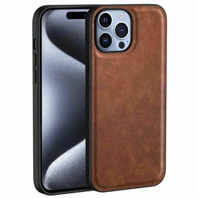 For iPhone 15 Pro Cell Phone Cover Retro PU Leather+TPU+PC Cell Phone Case - Brown