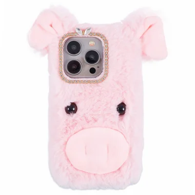 For iPhone 15 Pro Case Cute Pig Plush + TPU Shockproof Phone Cover - Pink