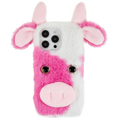 For iPhone 15 Pro Furry Plush Case Milk Cow Ear Style TPU Soft Phone Shell - Rose