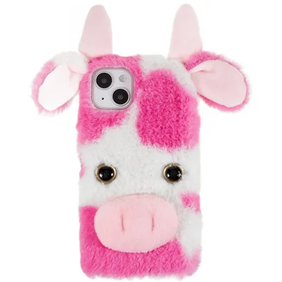 For iPhone 15 Plus TPU Case Fluffy Fuzzy Milk Cow Ear Plush Phone Cover - Rose