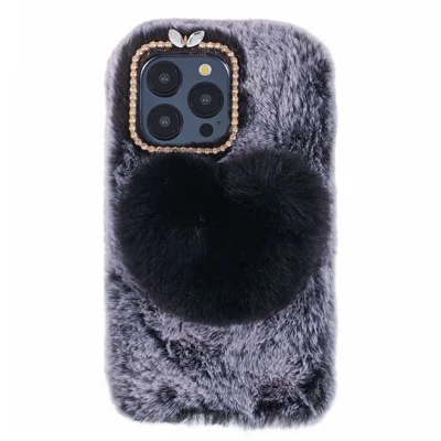Voor iPhone 15 Pro Max Hoesje Pluizig Pluche + TPU Hartje Antivalt Hoes - Grijs