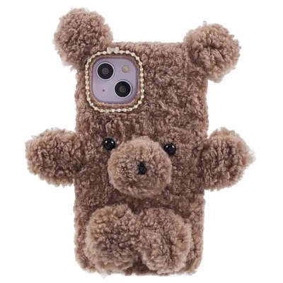 For iPhone 15 3D Bear Furry Plush Case Protective TPU Phone Cover - Brown