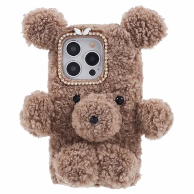 For iPhone 15 Pro Max 3D Funny Cartoon Bear Case Fluffy Furry Soft TPU Phone Cover - Brown